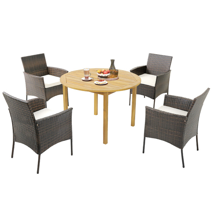 5 PCS Patio Dining Set Round Acacia Wood Table 4 Cushioned Wicker Armchairs Image 1