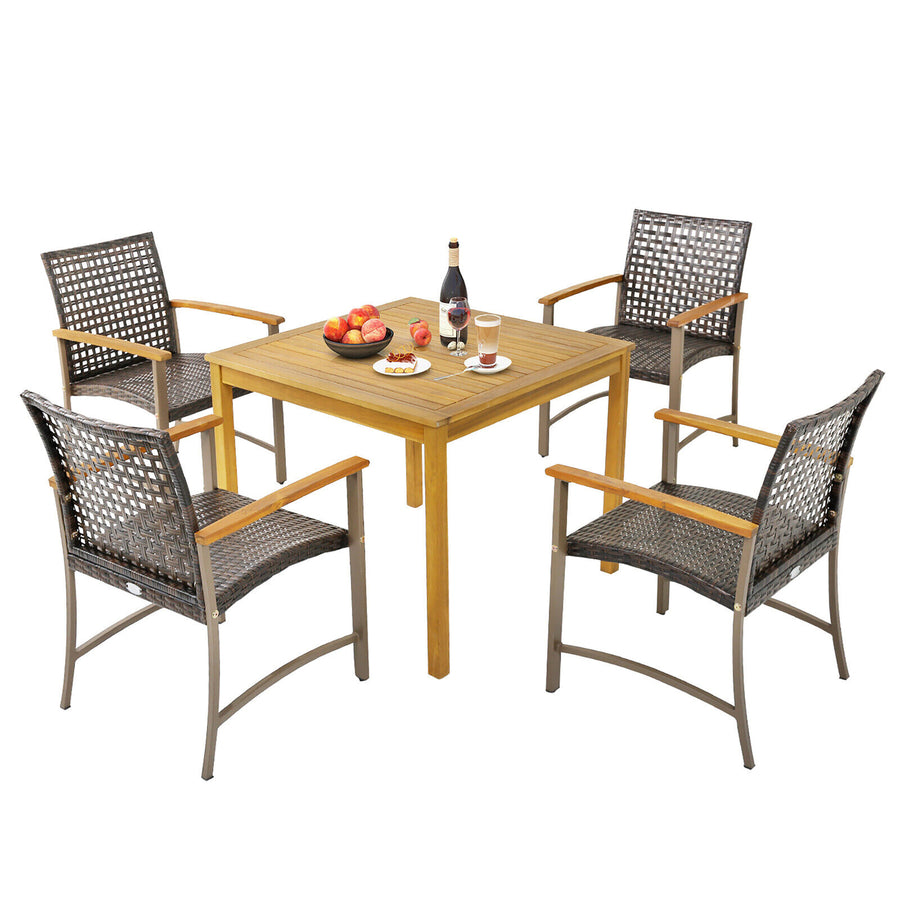 5 PCS Patio Dining Set Acacia Wood Table w/ 1.9 Umbrella Hole Wicker Armchairs Image 1