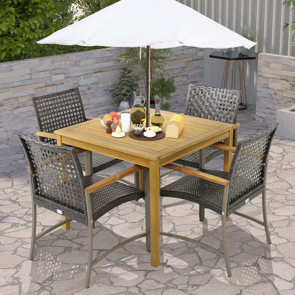 5 PCS Patio Dining Set Acacia Wood Table w/ 1.9 Umbrella Hole Wicker Armchairs Image 2