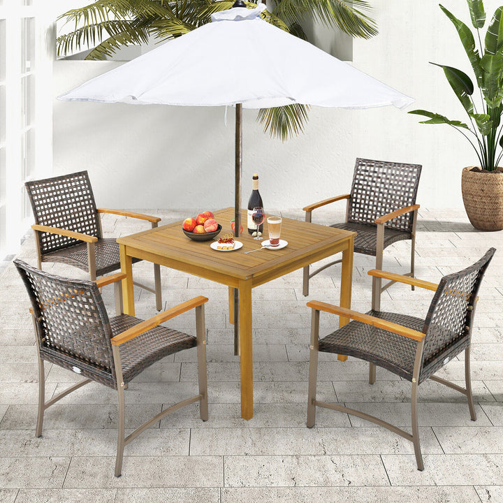 5 PCS Patio Dining Set Acacia Wood Table w/ 1.9 Umbrella Hole Wicker Armchairs Image 4