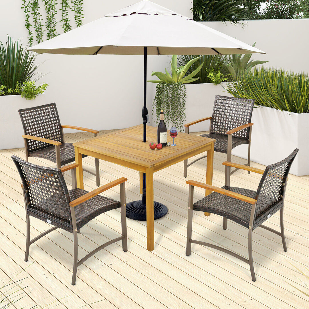 5 PCS Patio Dining Set Acacia Wood Table w/ 1.9 Umbrella Hole Wicker Armchairs Image 5