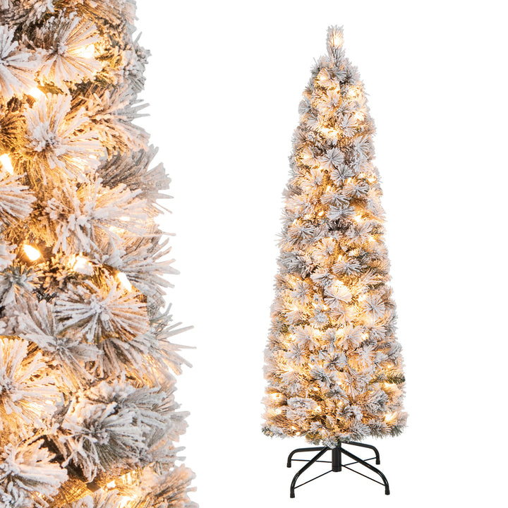 4.5/6/7 FT Pre-Lit Artificial Christmas Tree Slim Pencil Xmas Tree w/ 258/373/466 Snow-Flocked Branch Tips Image 3