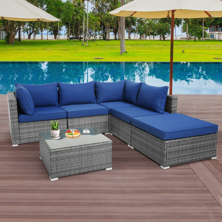 6PCS Patio Rattan Sectional Sofa Set Conversation Furniture Set w/ Navy Cushions Image 1