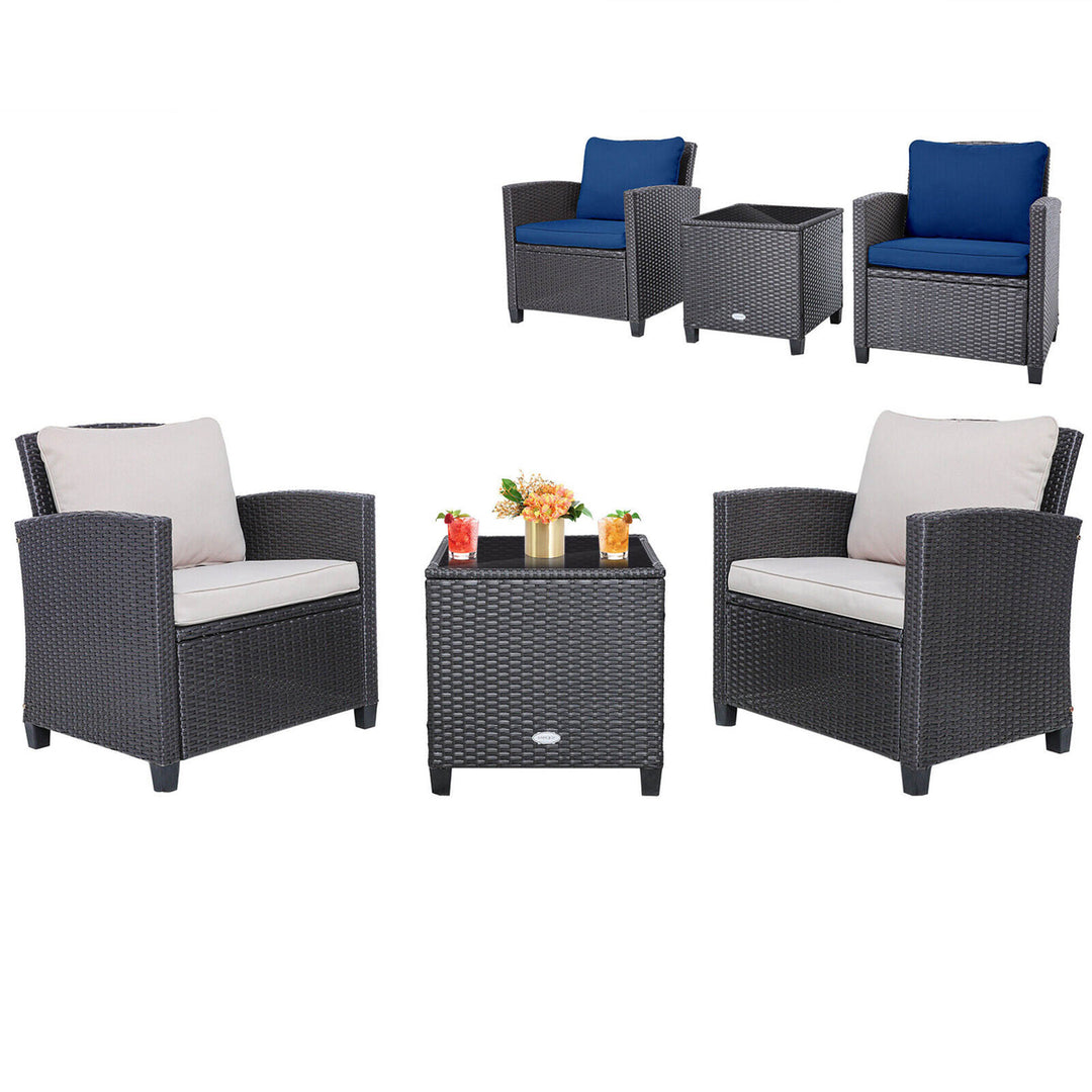 3PCS Outdoor Patio Rattan Conversation Set w/ Beige and Navy Cushion Image 1