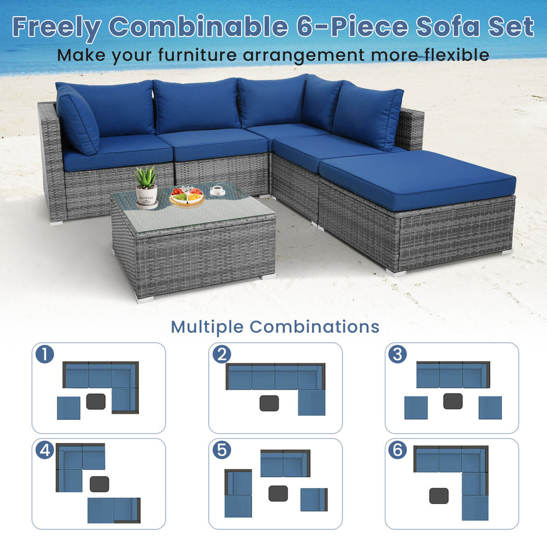 6PCS Patio Rattan Sectional Sofa Set Conversation Furniture Set w/ Navy Cushions Image 5