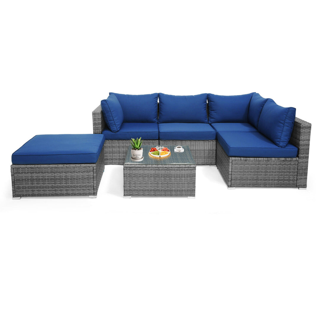 6PCS Patio Rattan Sectional Sofa Set Conversation Furniture Set w/ Navy Cushions Image 2