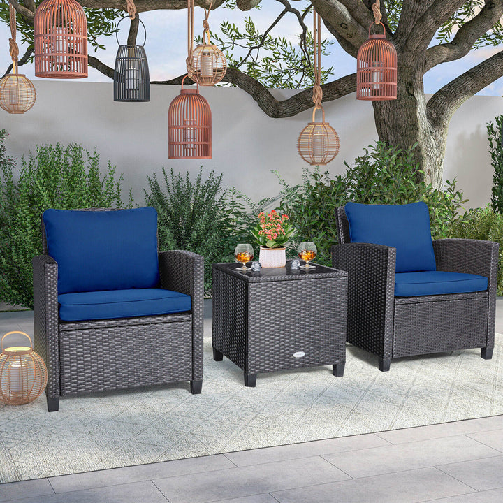 3PCS Outdoor Patio Rattan Conversation Set w/ Beige and Navy Cushion Image 3