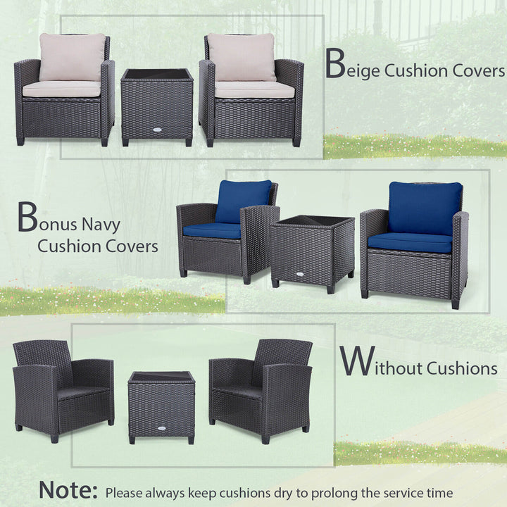 3PCS Outdoor Patio Rattan Conversation Set w/ Beige and Navy Cushion Image 4