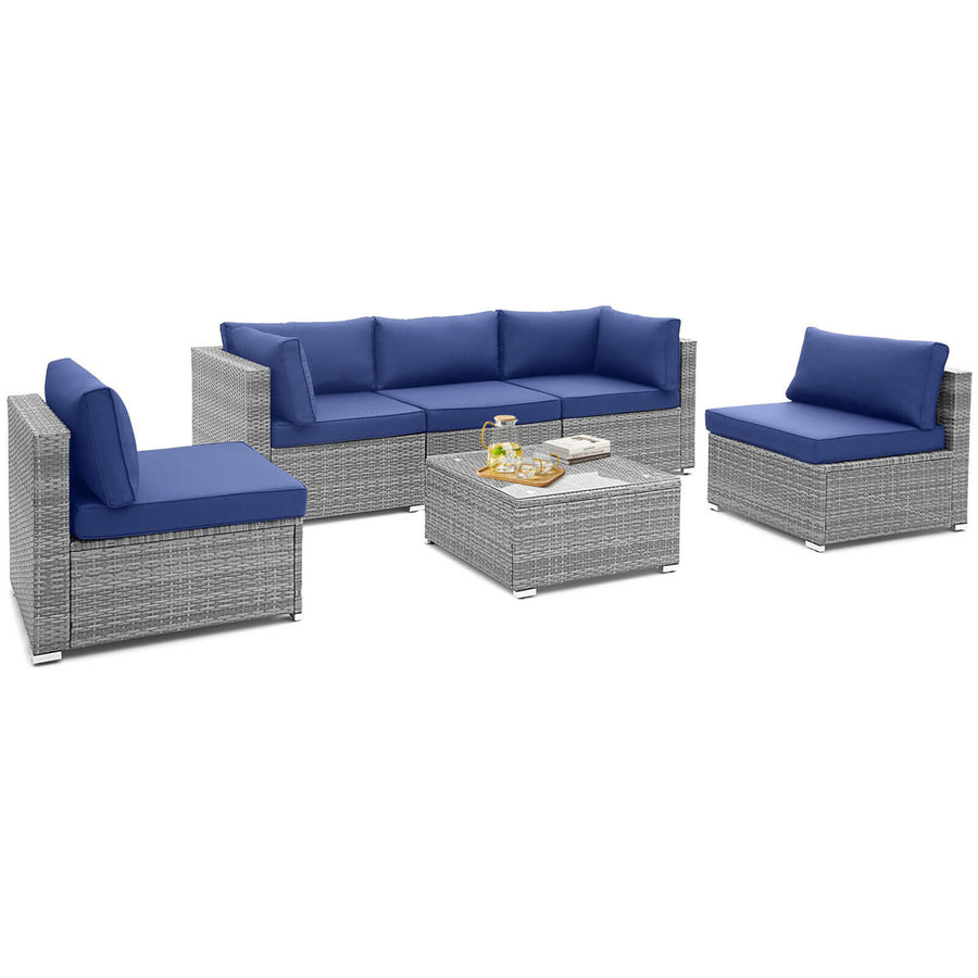 6PCS Patio Conversation Furniture Set Rattan Sectional Sofa Set w/ Navy Cushions Image 1