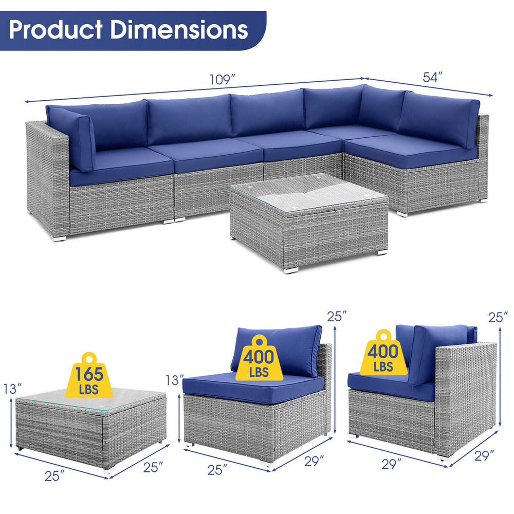 6PCS Patio Conversation Furniture Set Rattan Sectional Sofa Set w/ Navy Cushions Image 2