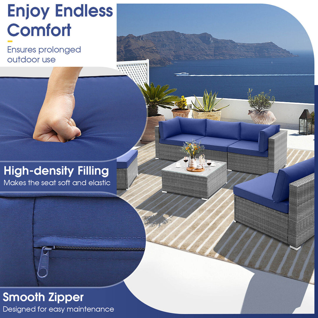 6PCS Patio Conversation Furniture Set Rattan Sectional Sofa Set w/ Navy Cushions Image 4