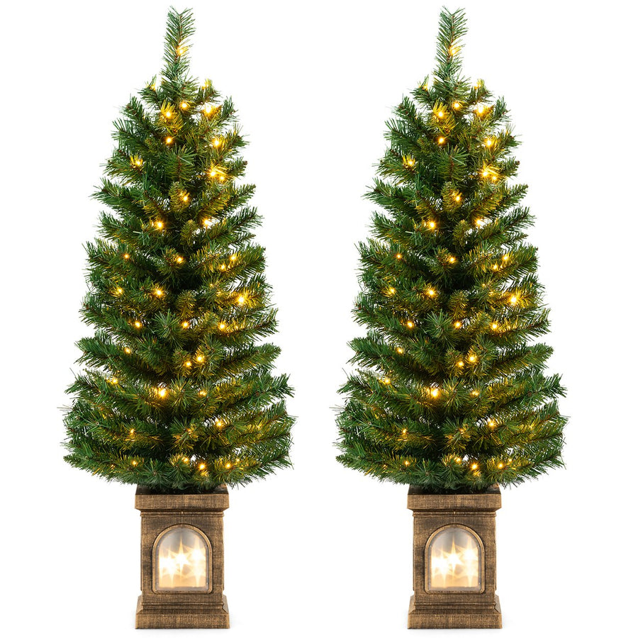 2 PCS 4 FT Pre-Lit Potted Christmas Tree Artificial Entrance Tree w/ LED Lights and 160 Branch Tips Image 1