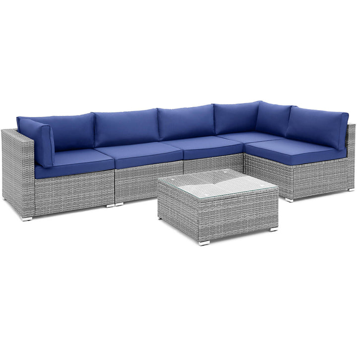 6PCS Patio Conversation Furniture Set Rattan Sectional Sofa Set w/ Navy Cushions Image 5