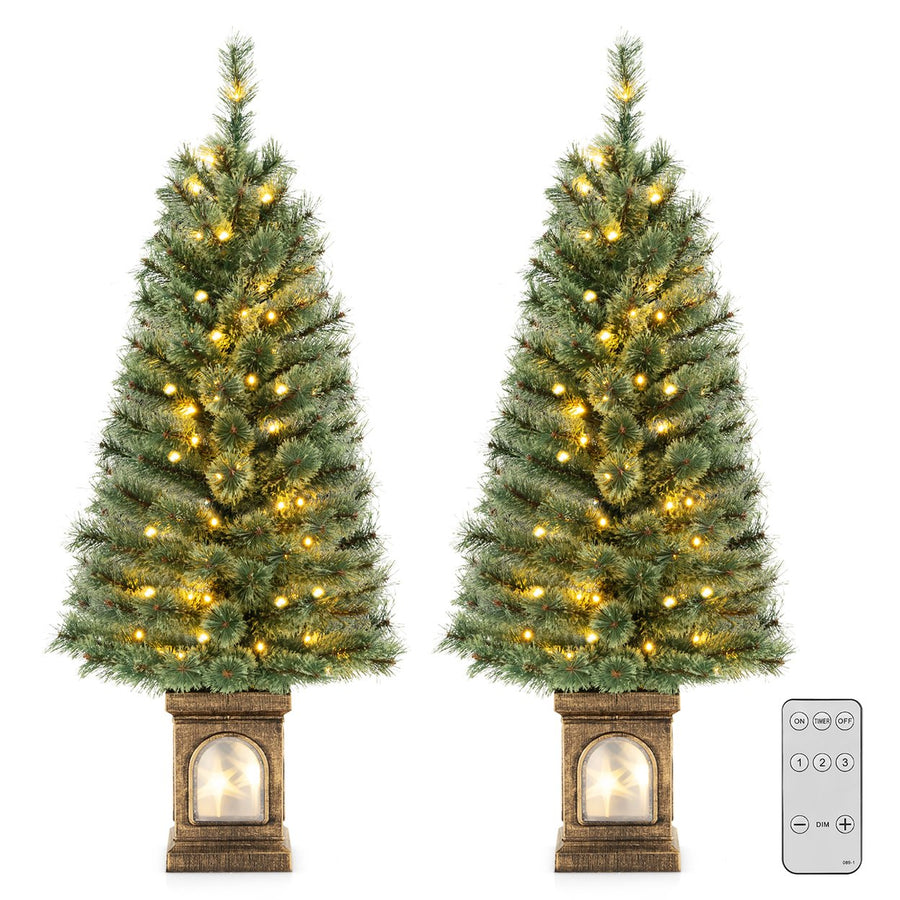 2 PCS 4 FT Pre-Lit Potted Christmas Tree Artificial Entrance Tree w/ LED Lights and 116 Branch Tips Image 1