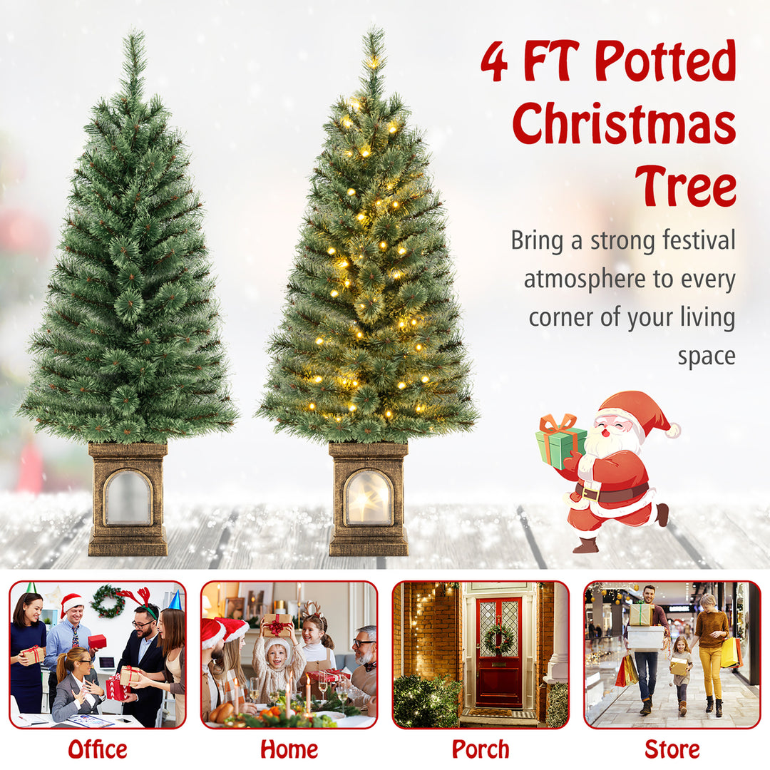 4 FT Pre-Lit Potted Christmas Tree Artificial Entrance Tree w/ LED Lights and 116 Branch Tips Image 6