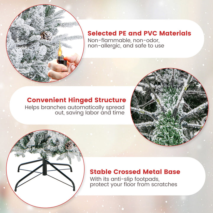 7.5 FT Pre-Lit Artificial Christmas Tree Snow-Flocked Hinged Xmas Tree w/ 1107 Branch Tips Image 9