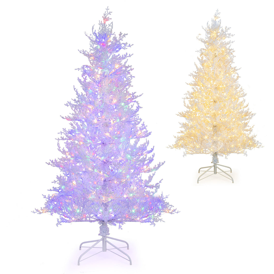 6 FT Pre-Lit Artificial Christmas Tree White Hinged Xmas Tree w/ 383 Snow-Flocked Tips Image 10