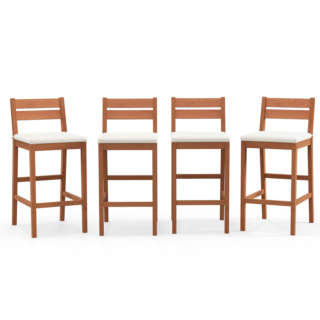 Patio Eucalyptus Wood Bar Stools Set of 4 Outdoor Bar Height Patio Chairs w/ Cushions Image 1