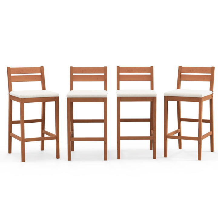 Patio Eucalyptus Wood Bar Stools Set of 4 Outdoor Bar Height Patio Chairs w/ Cushions Image 1