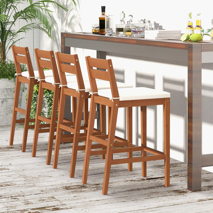 Patio Eucalyptus Wood Bar Stools Set of 4 Outdoor Bar Height Patio Chairs w/ Cushions Image 2