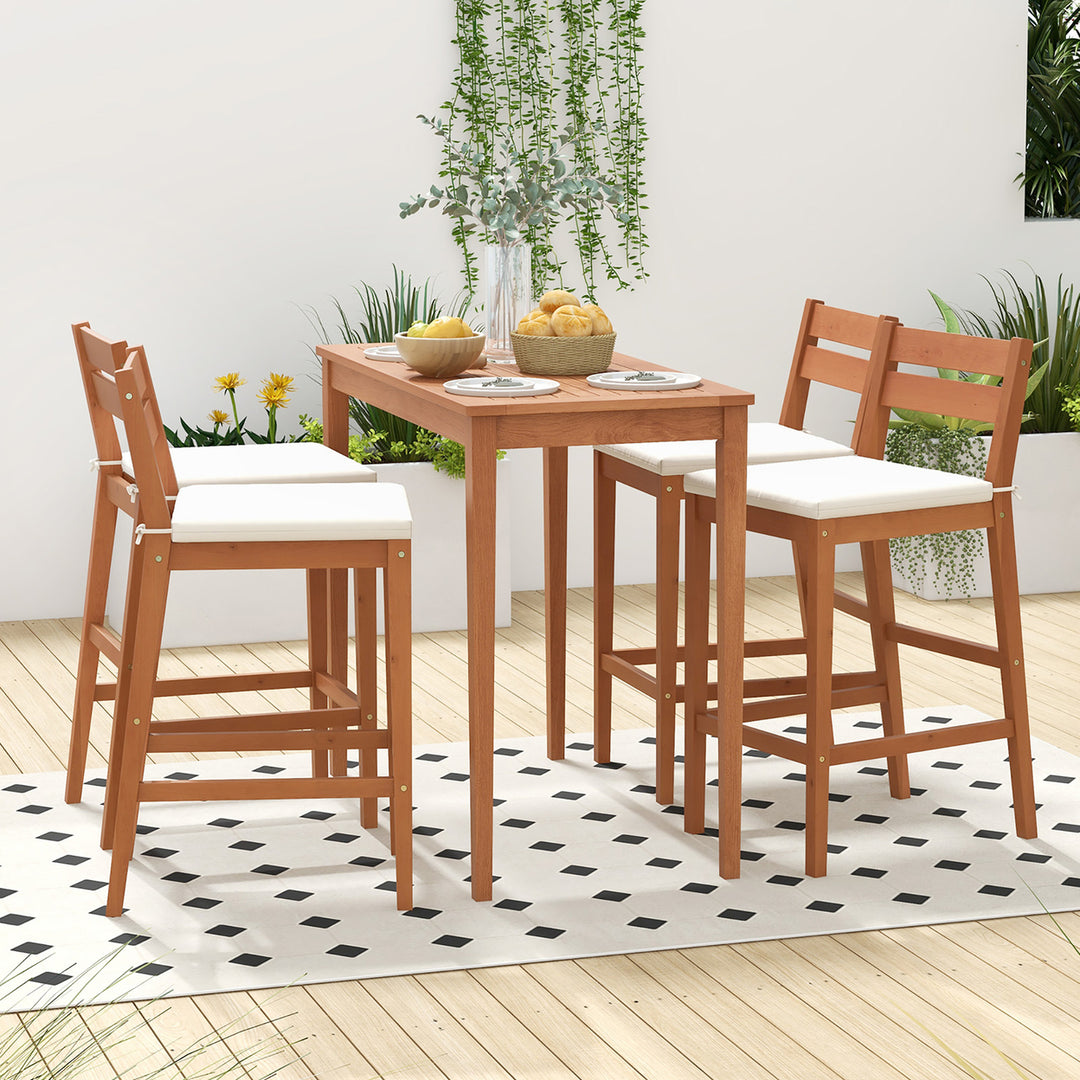 Patio Eucalyptus Wood Bar Stools Set of 4 Outdoor Bar Height Patio Chairs w/ Cushions Image 5