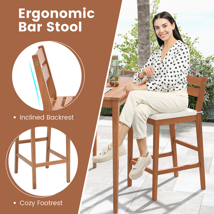 Patio Eucalyptus Wood Bar Stools Set of 4 Outdoor Bar Height Patio Chairs w/ Cushions Image 6