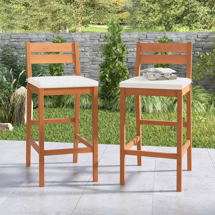 Patio Eucalyptus Wood Bar Stools Set of 4 Outdoor Bar Height Patio Chairs w/ Cushions Image 9