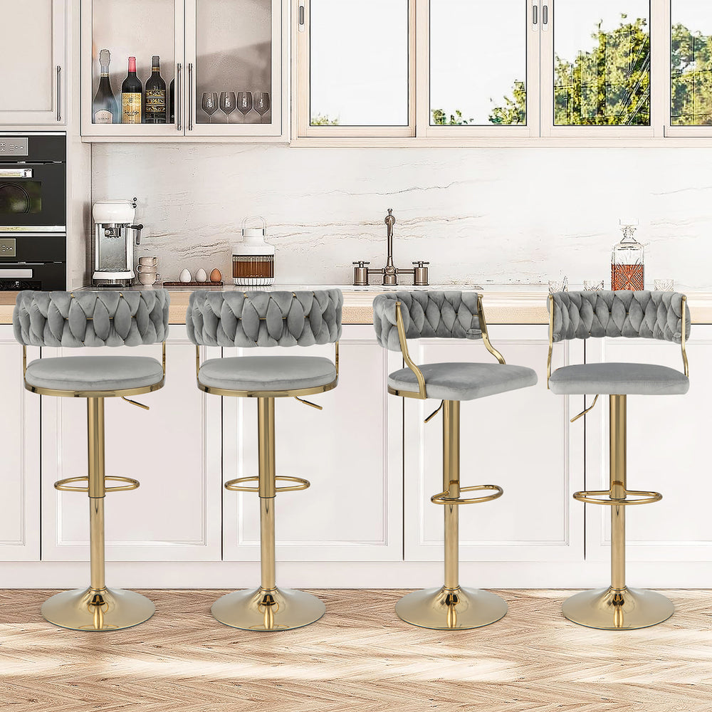 Swivel Barstool with Woven Back Set of 4 Upholstered Velvet Adjustable Bar Stools Image 2