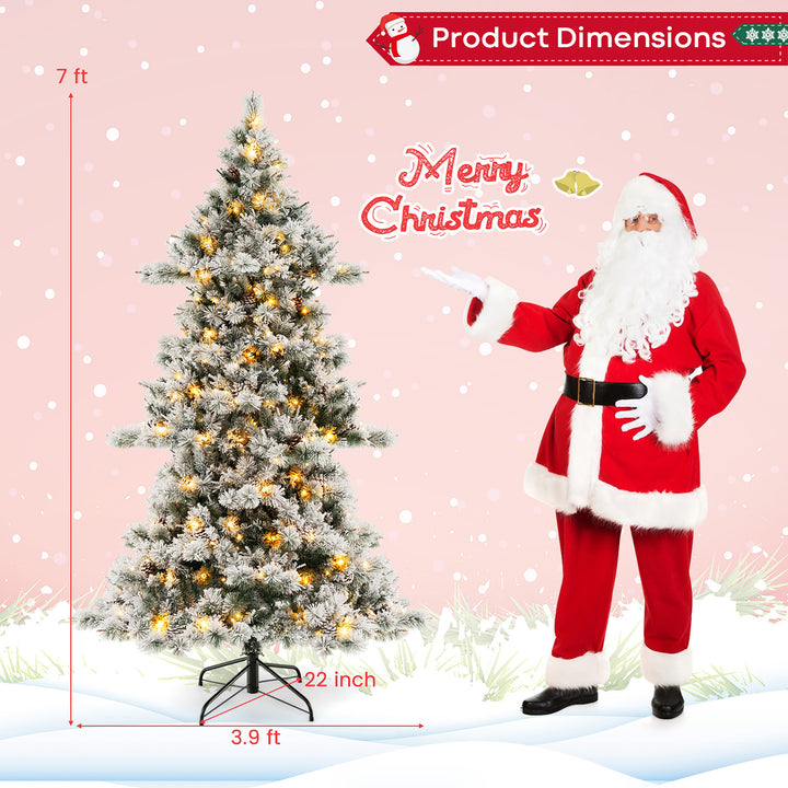 7 FT Pre-Lit Snow-Flocked Christmas Tree Artificial Hinged Xmas Tree w/ 1057 Branch Tips and 420 LED Lights Image 3