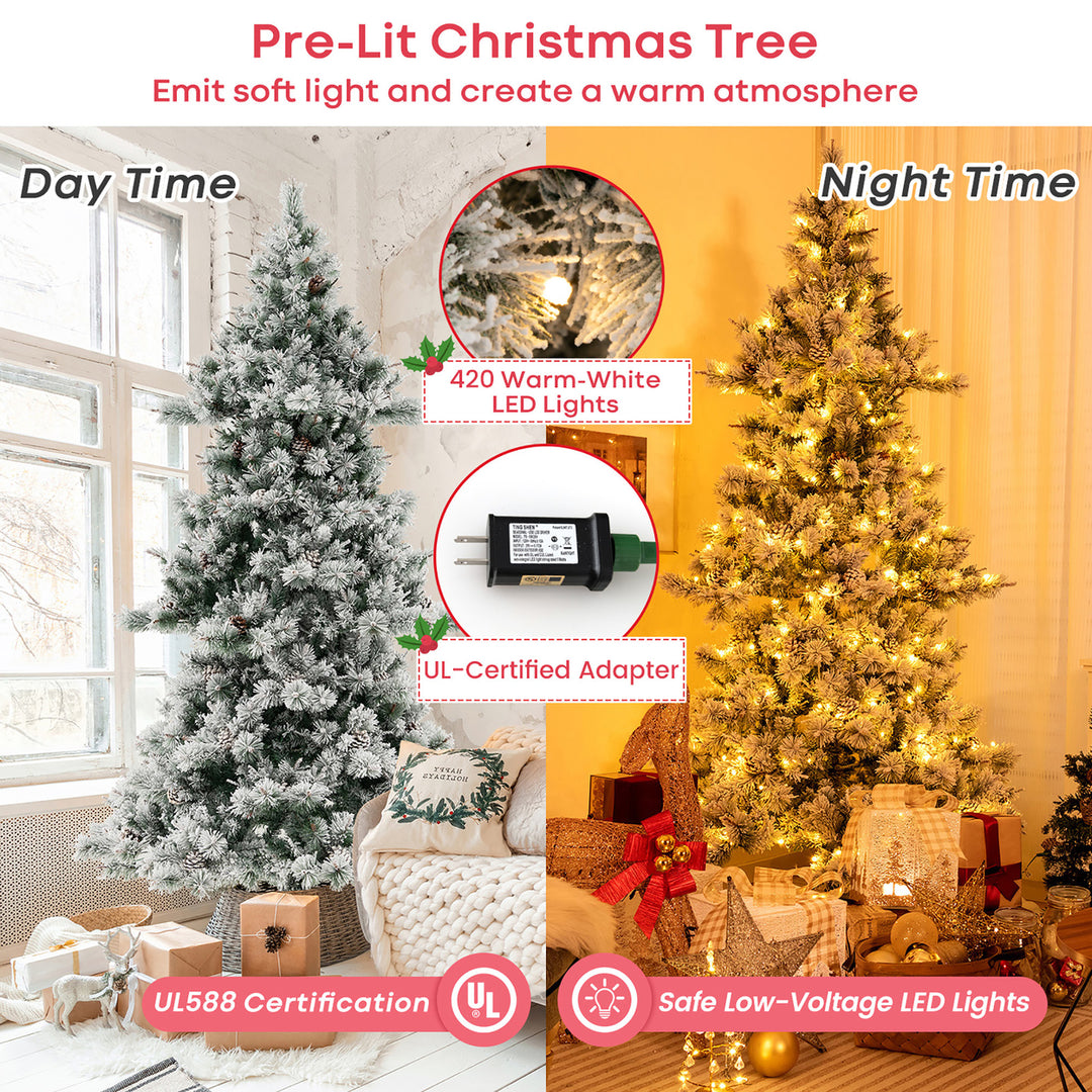 7 FT Pre-Lit Snow-Flocked Christmas Tree Artificial Hinged Xmas Tree w/ 1057 Branch Tips and 420 LED Lights Image 6