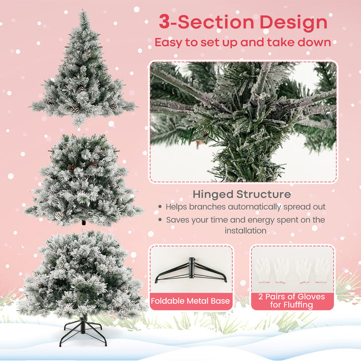 7 FT Pre-Lit Snow-Flocked Christmas Tree Artificial Hinged Xmas Tree w/ 1057 Branch Tips and 420 LED Lights Image 7