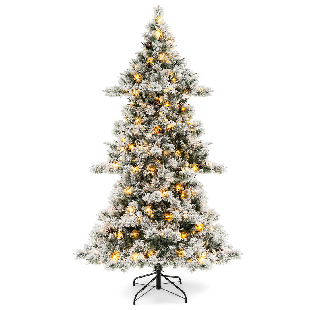 7 FT Pre-Lit Snow-Flocked Christmas Tree Artificial Hinged Xmas Tree w/ 1057 Branch Tips and 420 LED Lights Image 10