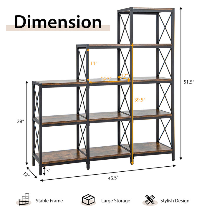 5-Tier Bookshelf 9 Cubes Bookcase 12 Shelves Storage Display Organizer Rustic Image 3