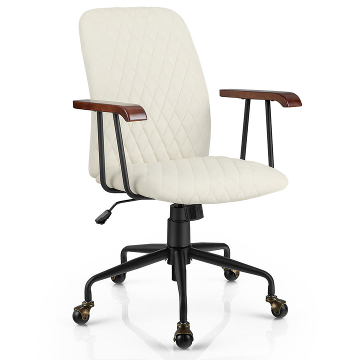 Velvet Home Office Chair Swivel Adjustable Task Chair w/ Wooden Armrest Beige Image 1