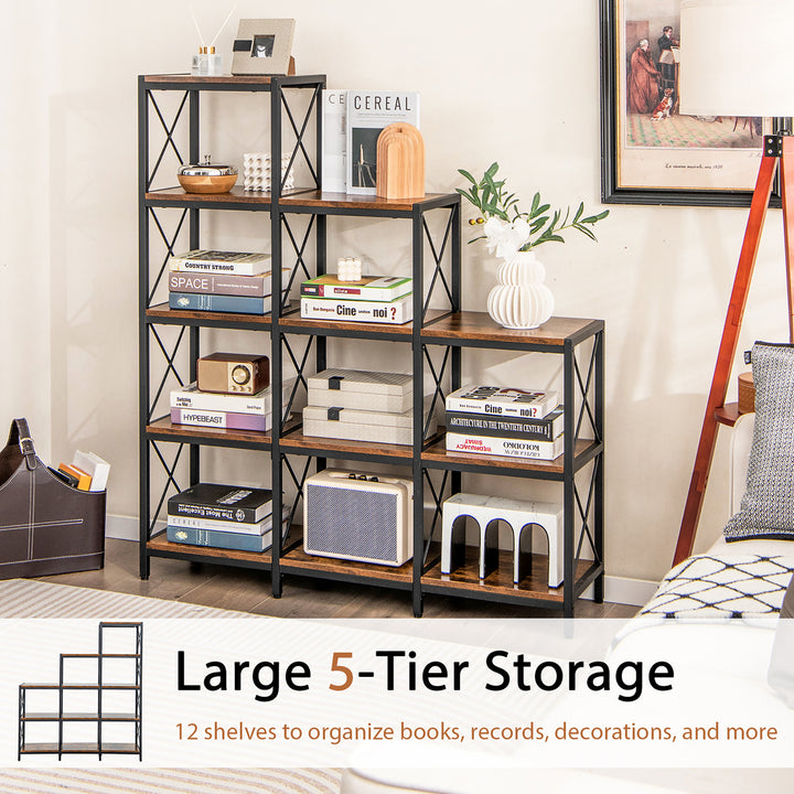 5-Tier Bookshelf 9 Cubes Bookcase 12 Shelves Storage Display Organizer Rustic Image 6