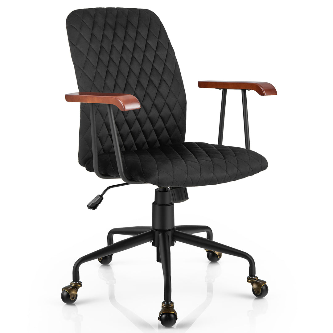 Velvet Home Office Chair Swivel Adjustable Task Chair w/ Wooden Armrest Black Image 1