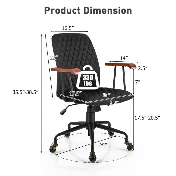 Velvet Home Office Chair Swivel Adjustable Task Chair w/ Wooden Armrest Black Image 3