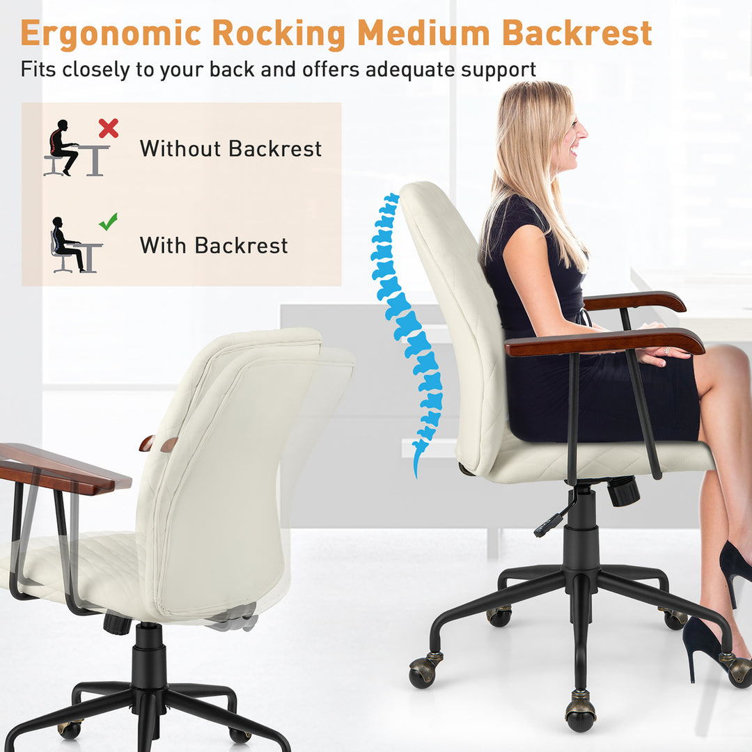 Velvet Home Office Chair Swivel Adjustable Task Chair w/ Wooden Armrest Beige Image 6