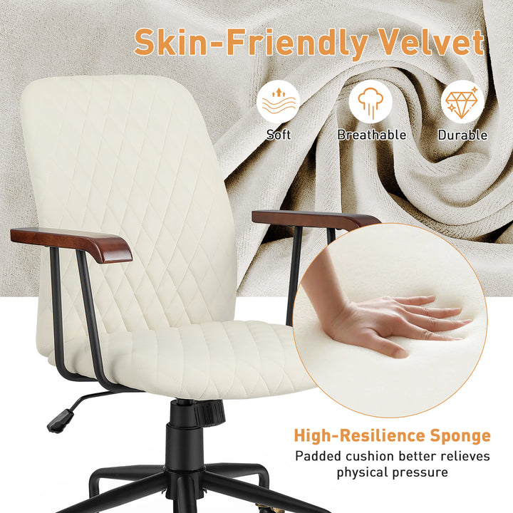 Velvet Home Office Chair Swivel Adjustable Task Chair w/ Wooden Armrest Beige Image 7