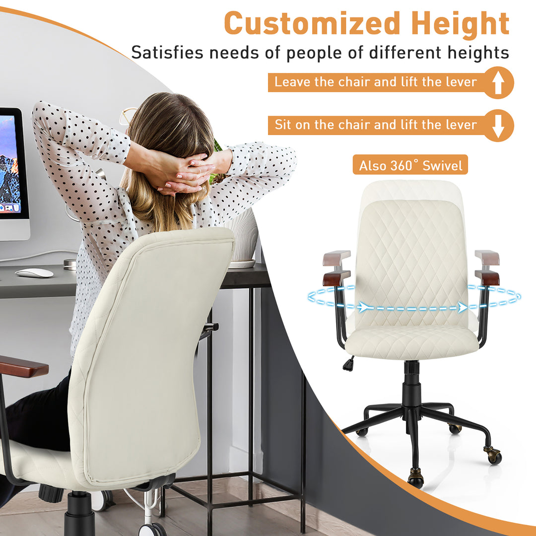 Velvet Home Office Chair Swivel Adjustable Task Chair w/ Wooden Armrest Beige Image 9