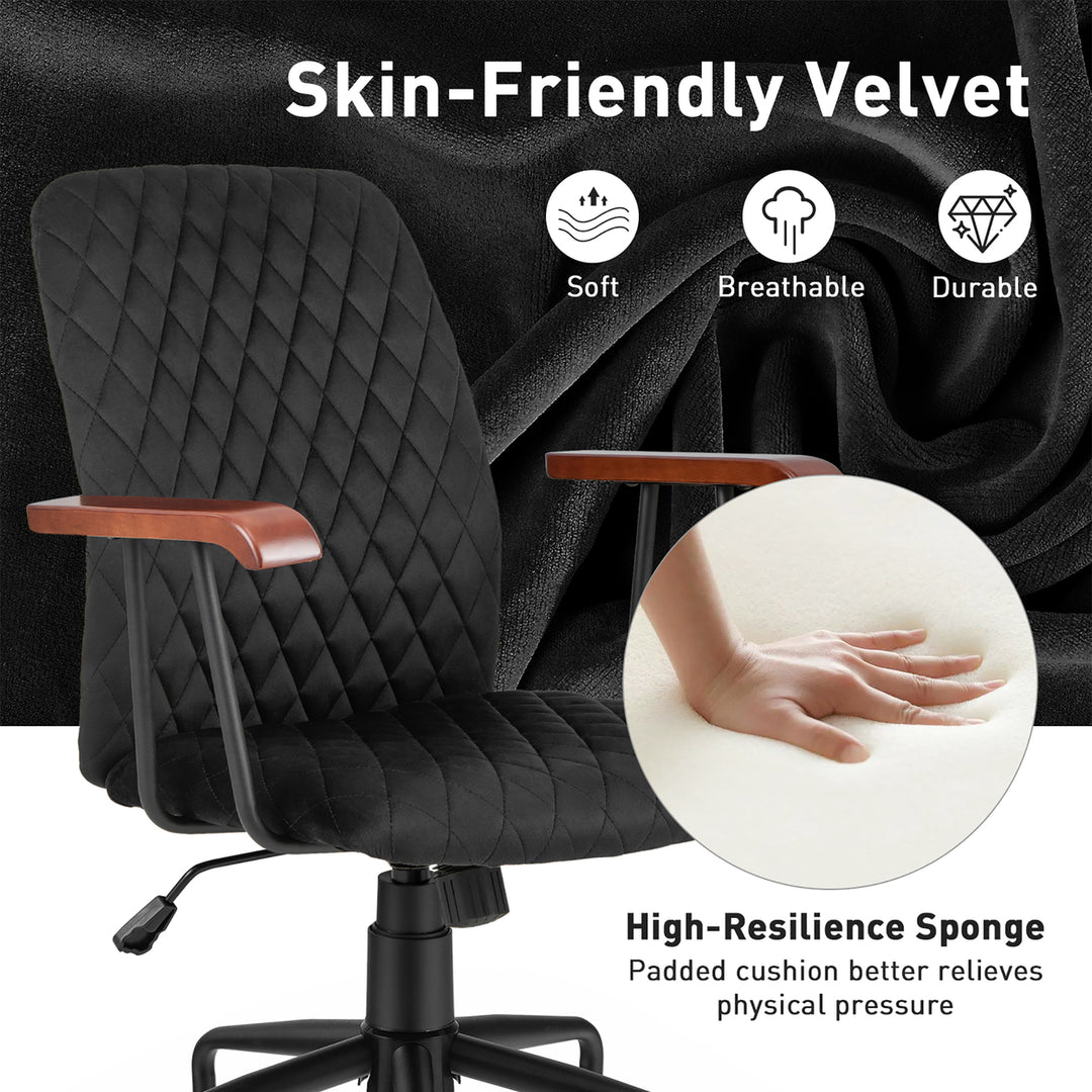 Velvet Home Office Chair Swivel Adjustable Task Chair w/ Wooden Armrest Black Image 7