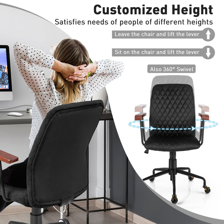 Velvet Home Office Chair Swivel Adjustable Task Chair w/ Wooden Armrest Black Image 9