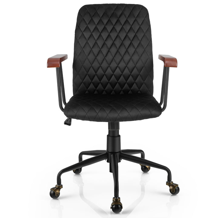 Velvet Home Office Chair Swivel Adjustable Task Chair w/ Wooden Armrest Black Image 10