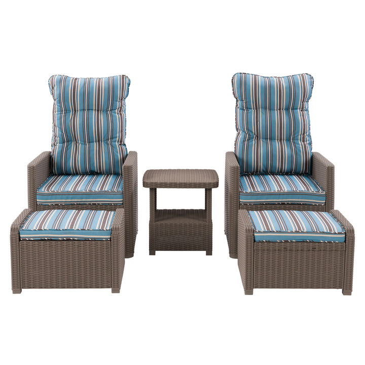 CorLiving Lake Front Beige/Blue Striped Rattan Patio Recliner and Ottoman Set, 5pc Image 1