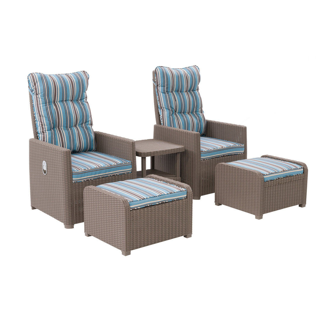 CorLiving Lake Front Beige/Blue Striped Rattan Patio Recliner and Ottoman Set, 5pc Image 3
