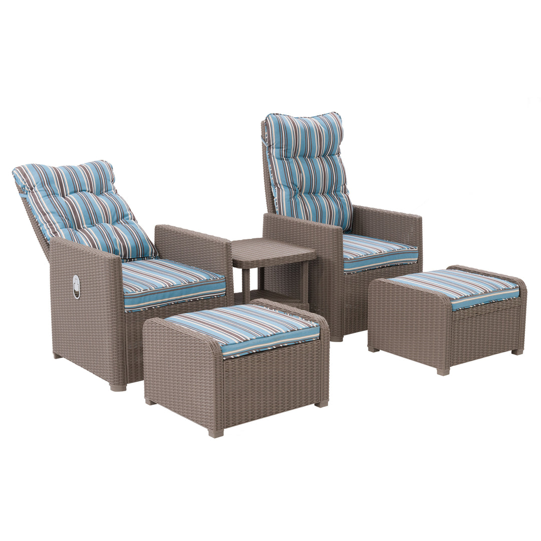 CorLiving Lake Front Beige/Blue Striped Rattan Patio Recliner and Ottoman Set, 5pc Image 4