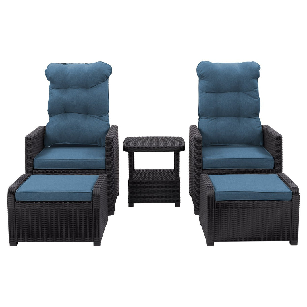 CorLiving Lake Front Beige/Blue Striped Rattan Patio Recliner and Ottoman Set, 5pc Image 1