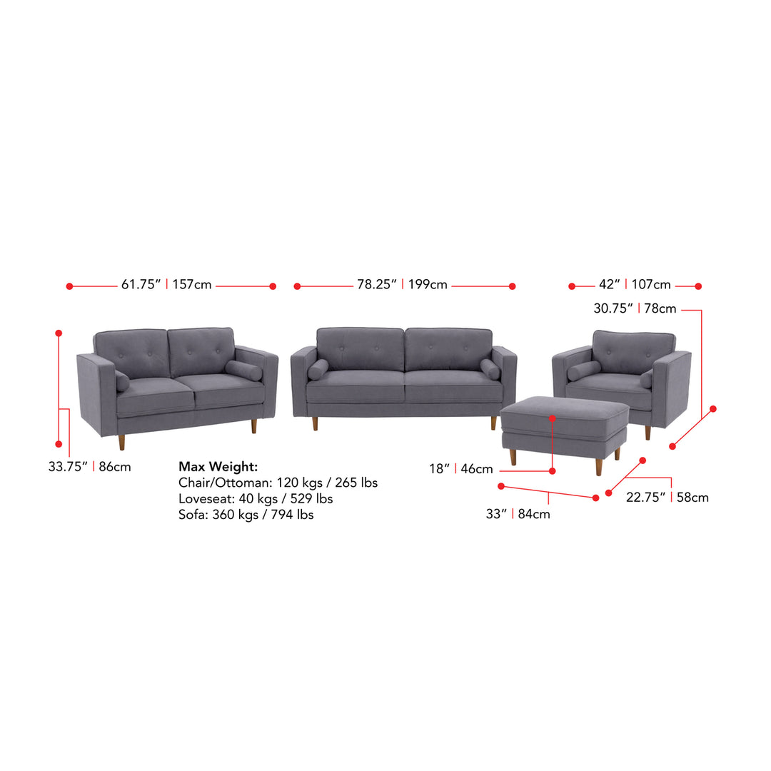 CorLiving Mulberry Fabric Upholstered Modern Sofa, Loveseat and Accent Chair Set -4pcs Image 3