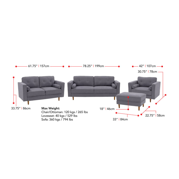 CorLiving Mulberry Fabric Upholstered Modern Sofa, Loveseat and Accent Chair Set -4pcs Image 3