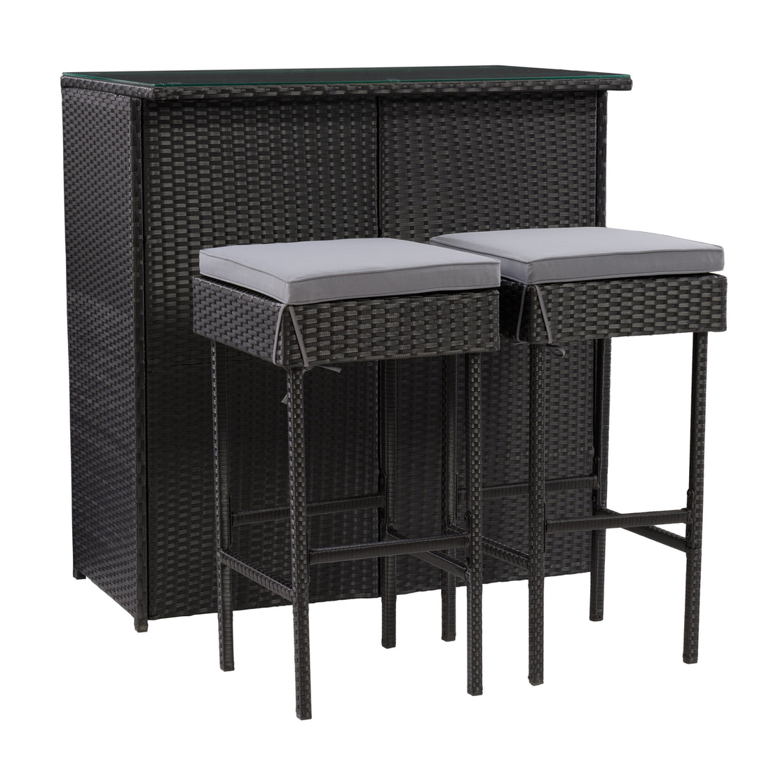 CorLiving Parksville Patio Bar Set - Black Finish/Ash Grey Cushions 3pc Image 1